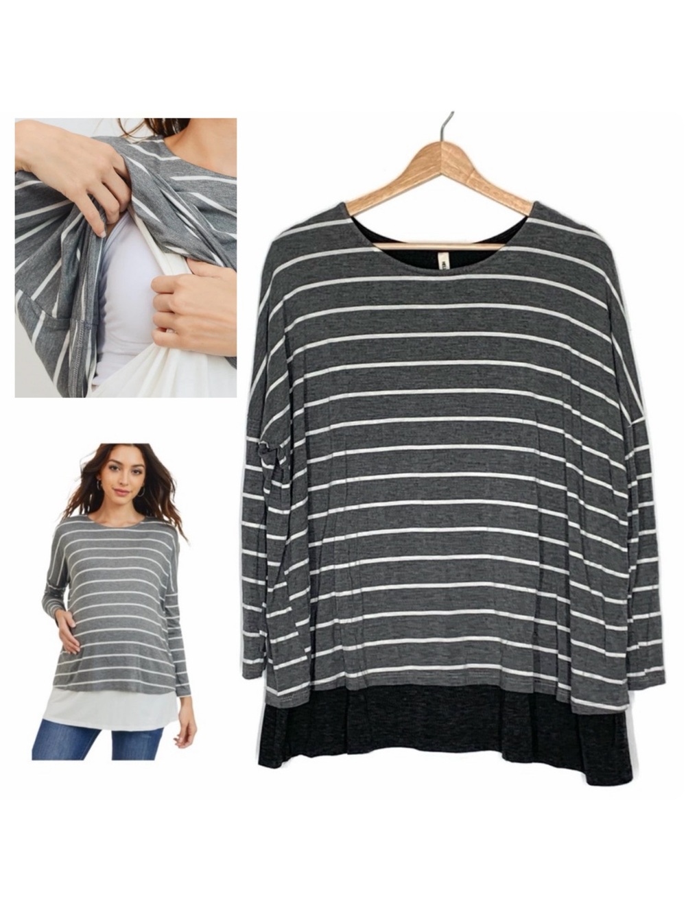 Hello MIZ Stripe Long Sleeve Double Layer Nursing Maternity Top Dark Gray Sz. XL